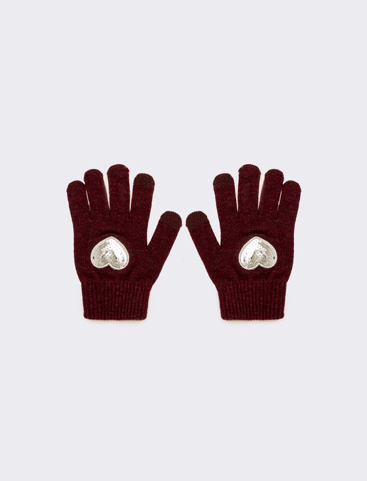 Guanti bambina con cuore paillettes - Bordeaux