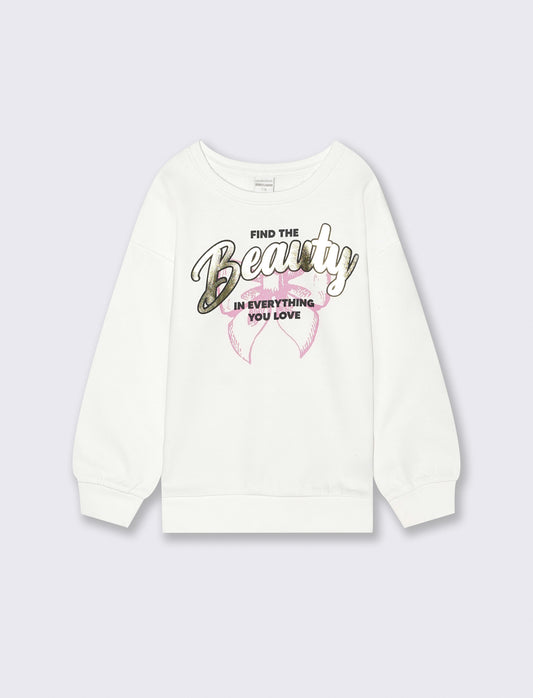 Felpa girocollo in cotone. - Bianco latte