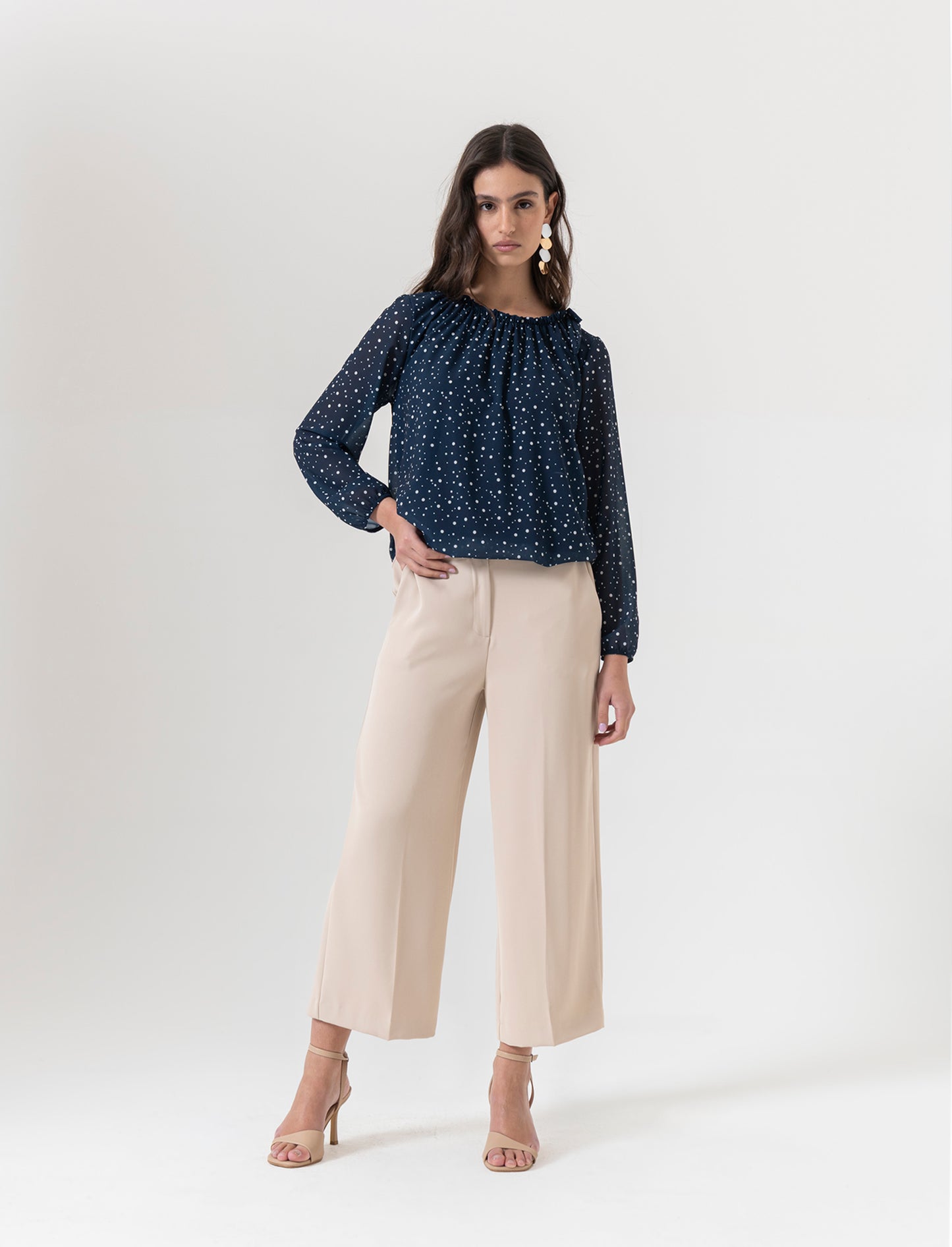 Pantalone coulotte con tasche ed elastico al dietro - Beige