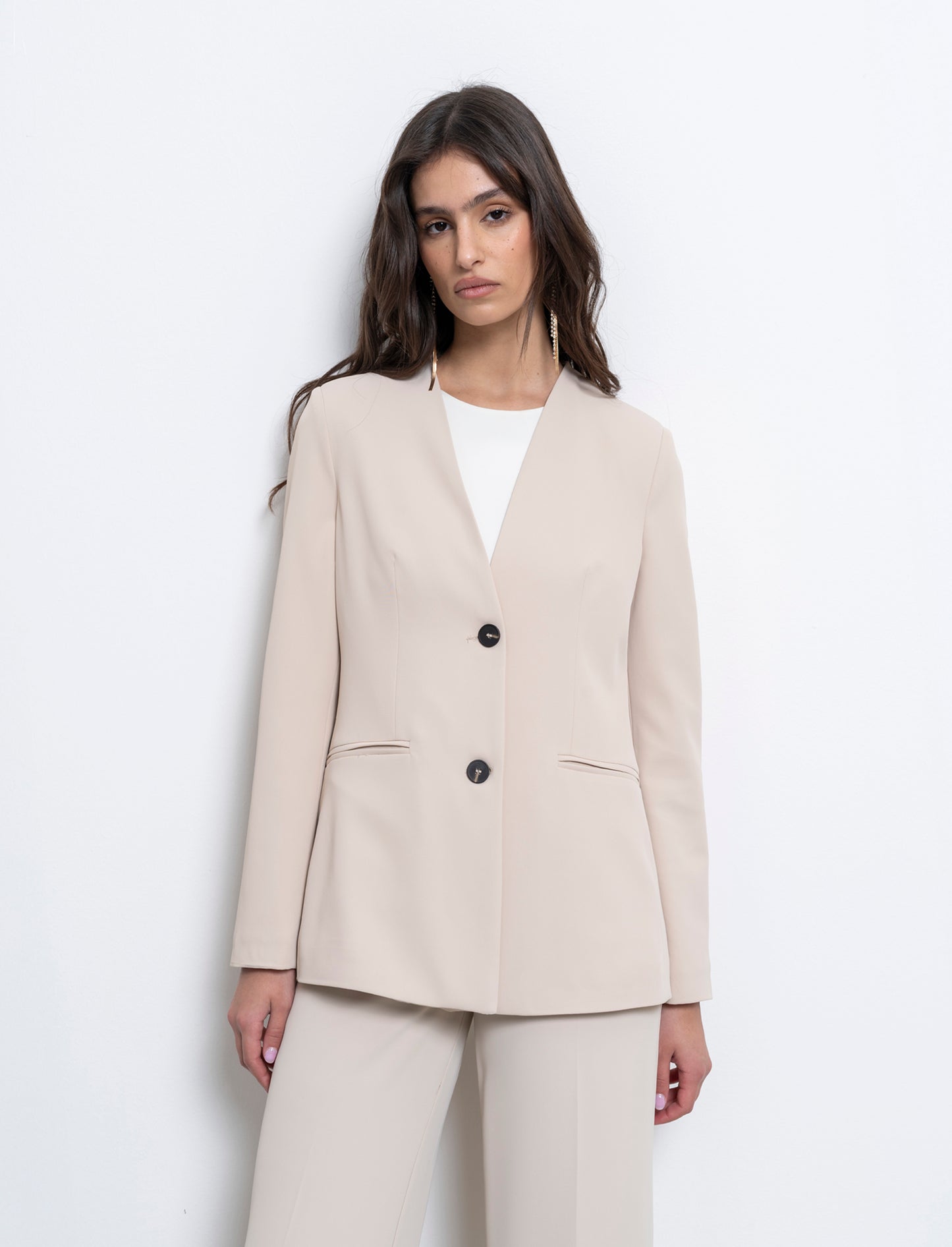 Giacca monopetto scollata senza bavaro - Beige