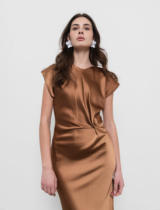 Vestito smanicato di raso - Cacao