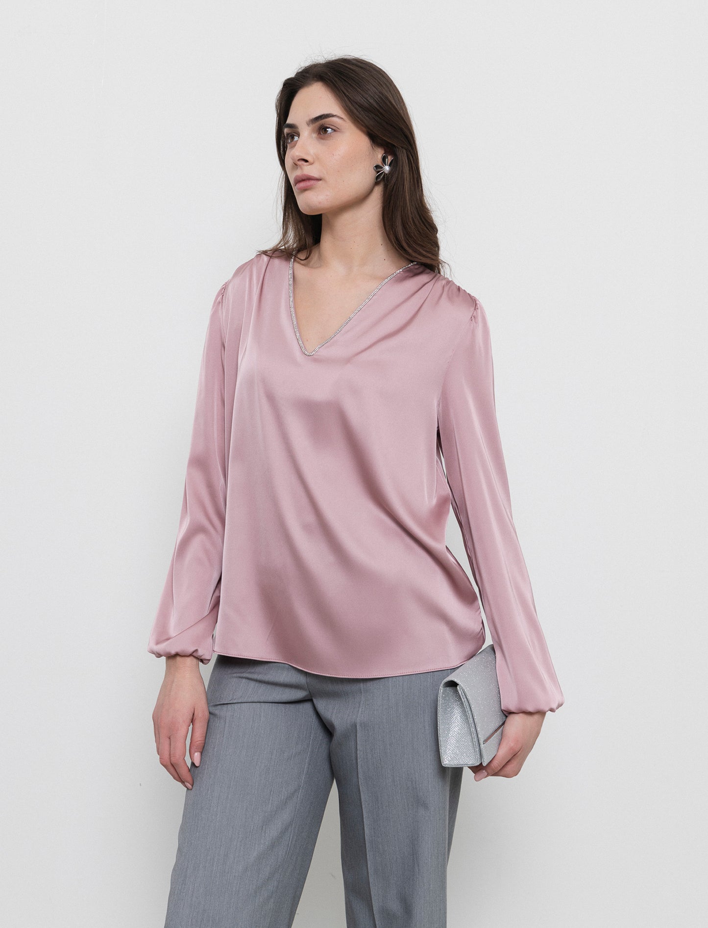 Casacca scollo V con inserti strass - Cipria