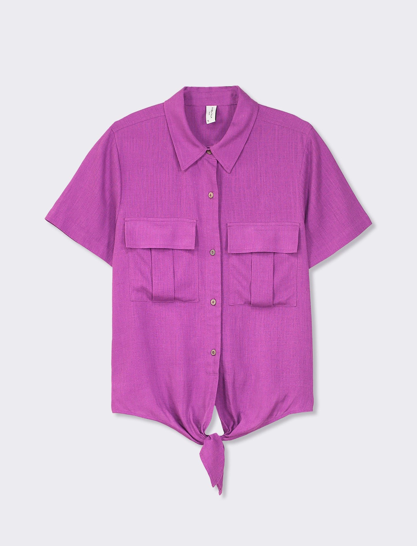 Camicia crop in tessuto misto lino con tasche e nodo con bottoni naturali in cocco - Porpora