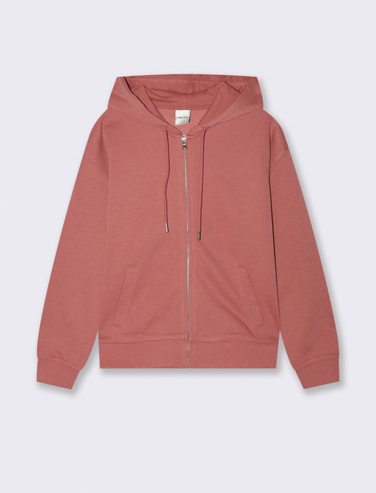 Felpa con cappuccio e zip lunga - Rosso mattone