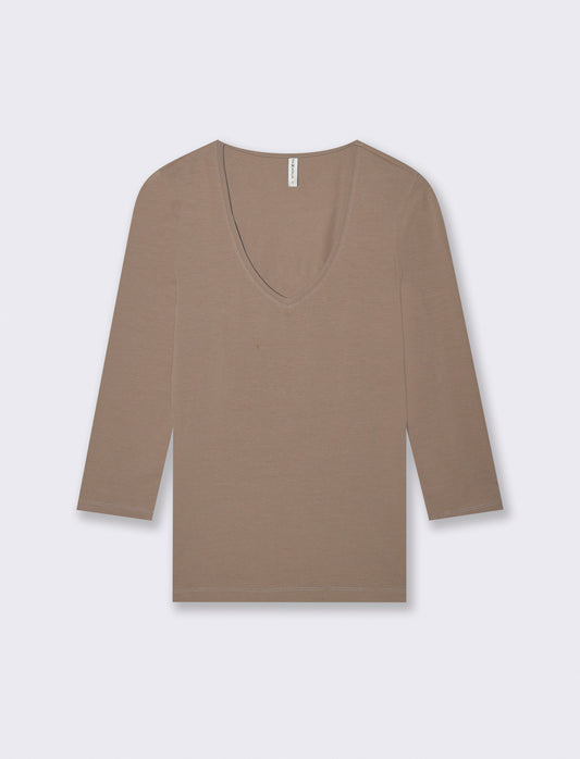 T-Shirt Manica Lunga Scollo a V - Grigio tortora