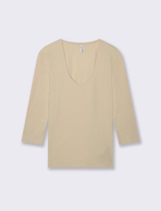 T-Shirt Manica Lunga Scollo a V - Beige grano