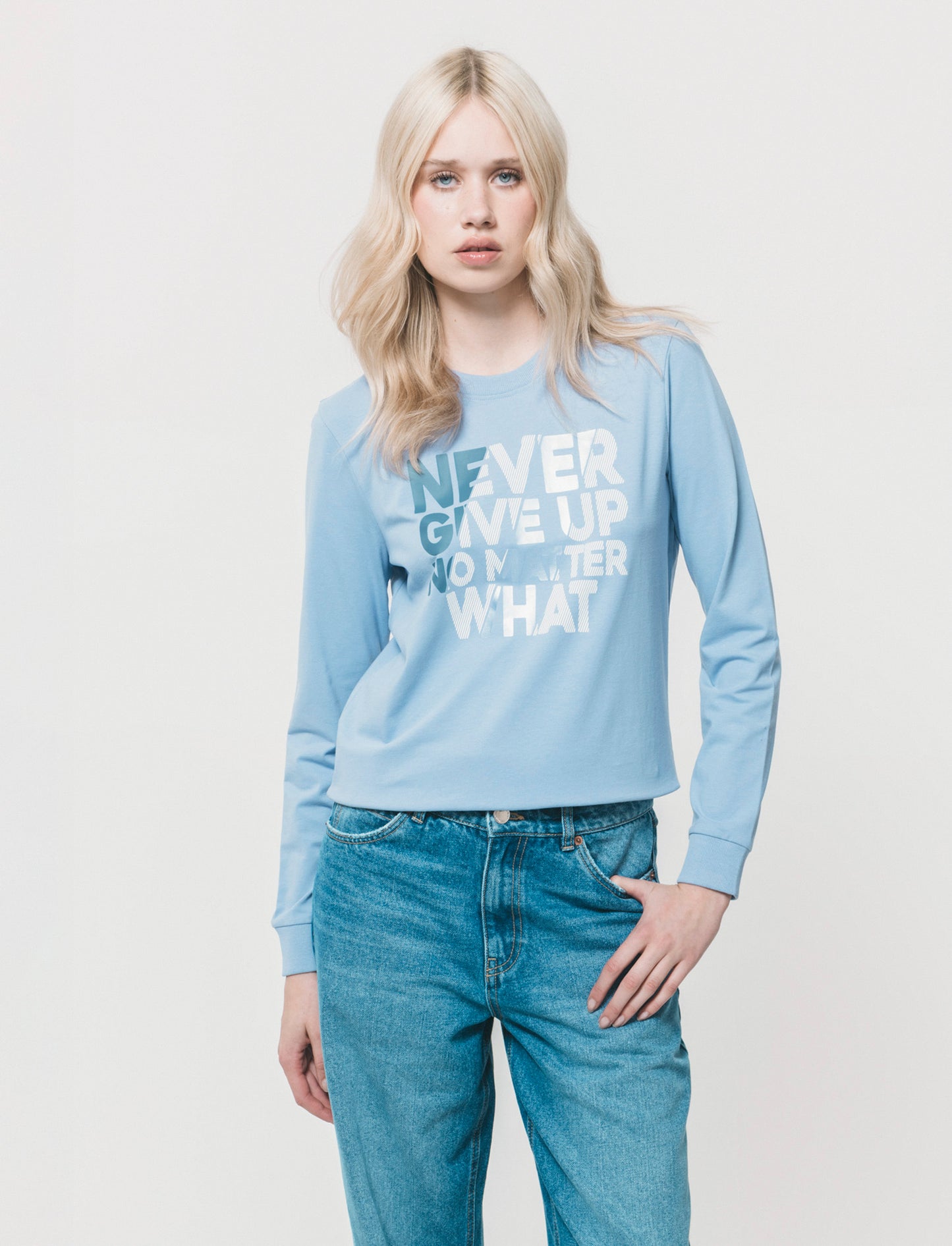 T-Shirt Manica Lunga con Stampa Frontale - Denim