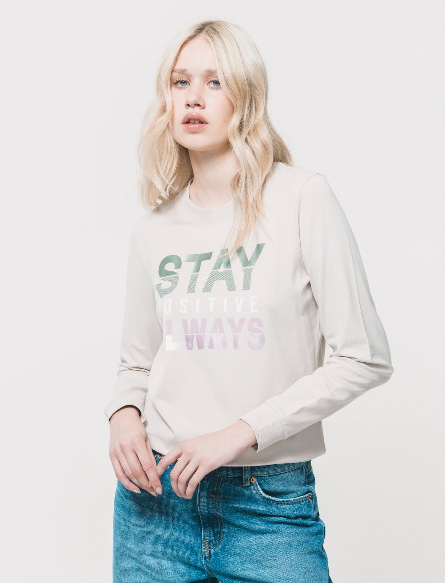 T-Shirt Manica Lunga con Stampa Frontale - Beige grano