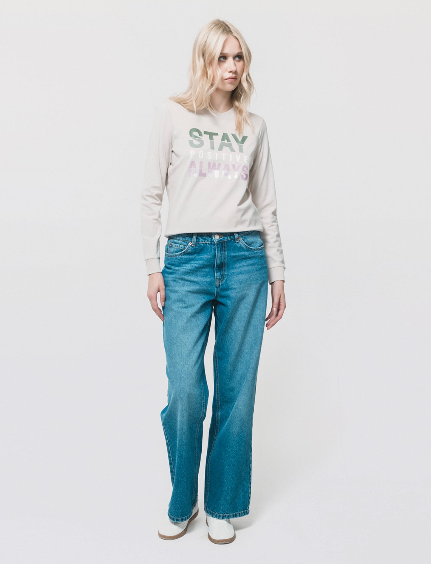 T-Shirt Manica Lunga con Stampa Frontale - Beige grano