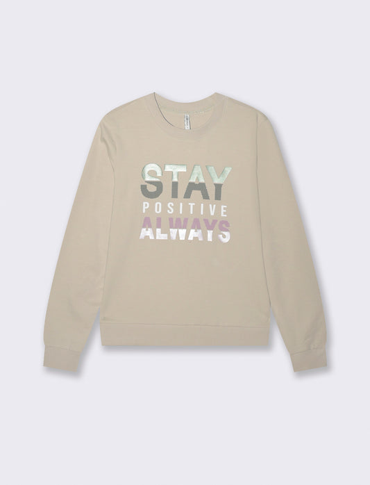 T-Shirt Manica Lunga con Stampa Frontale - Beige grano