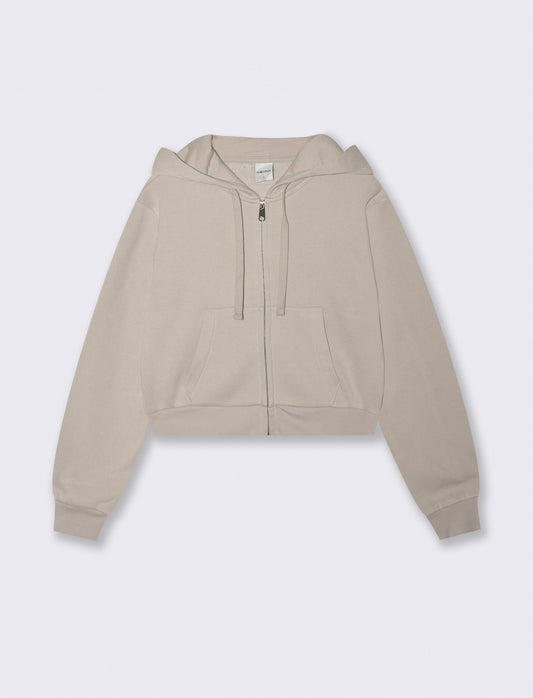 FELPA BASIC CROP CON CAPPUCCIO E ZIP - Beige grano