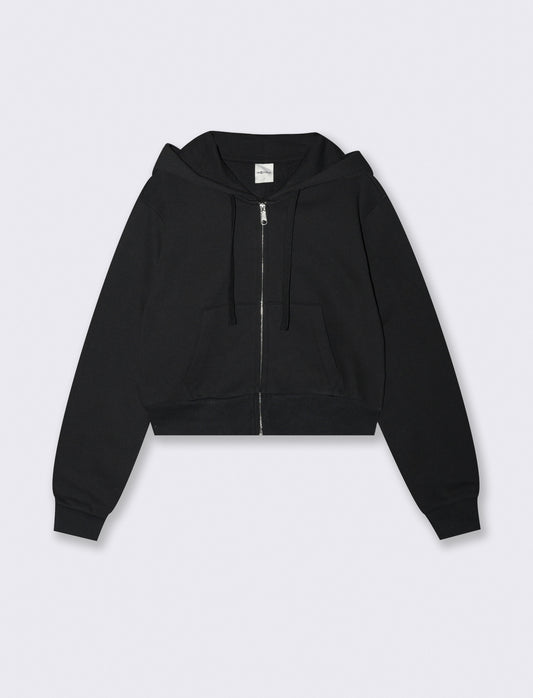Felpa Crop con Cappuccio e Zip Frontale - Nero