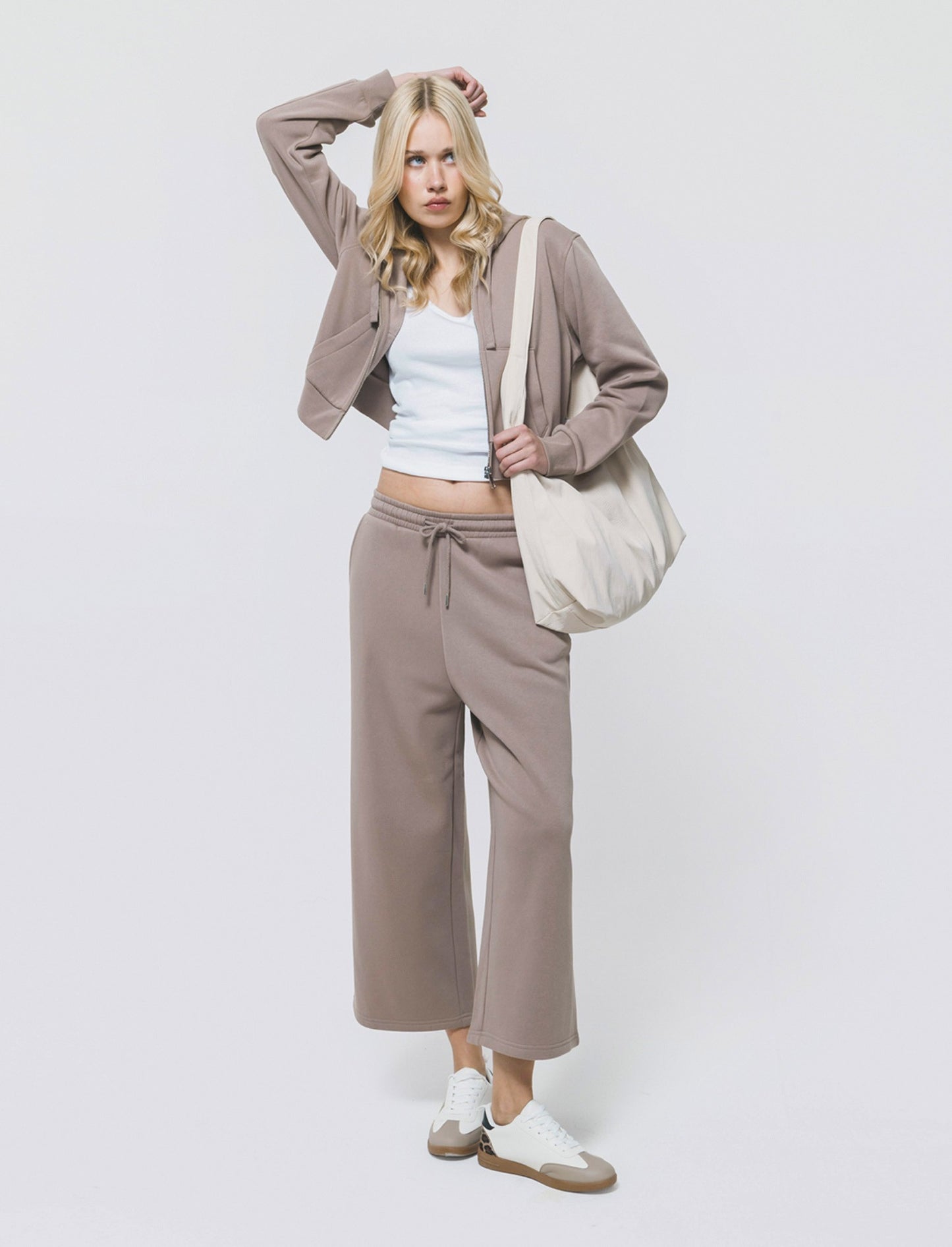 Felpa Crop con Cappuccio e Zip Frontale - Grigio tortora
