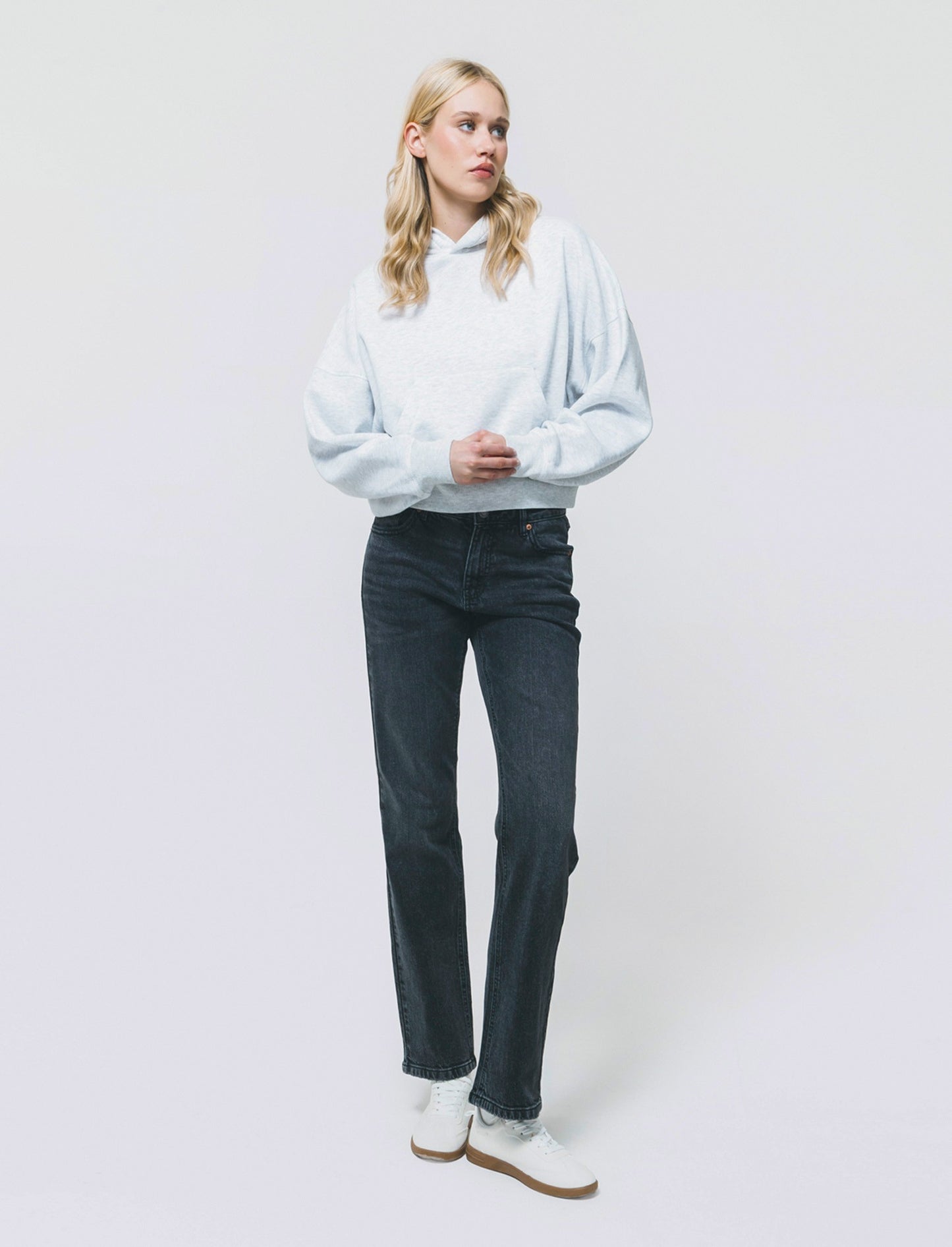 CROP HOODIE WITH KANGAROO POCKET - Grey