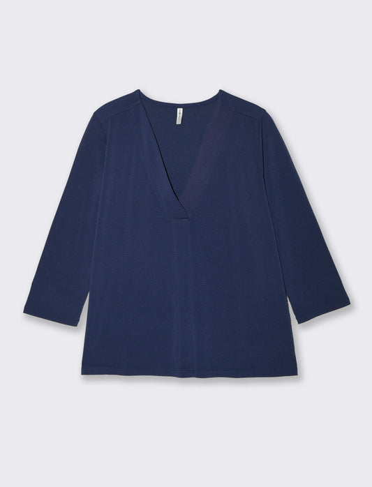 T-Shirt Scollo a V 3/4 Manica Comoda - Blu