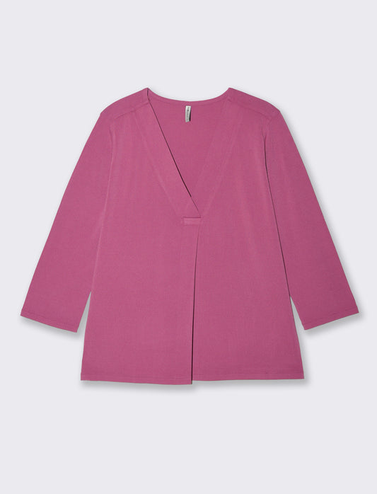 T-Shirt Scollo a V 3/4 Manica Comoda - Fuxia azalea