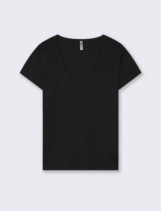 T-Shirt Basic Scollo a V e Coste - Nero