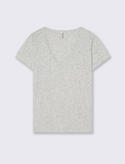 T-Shirt Basic Scollo a V e Coste - Grigio chiaro mel.