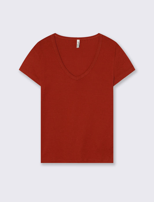 T-Shirt Basic Scollo a V e Coste - Ruggine