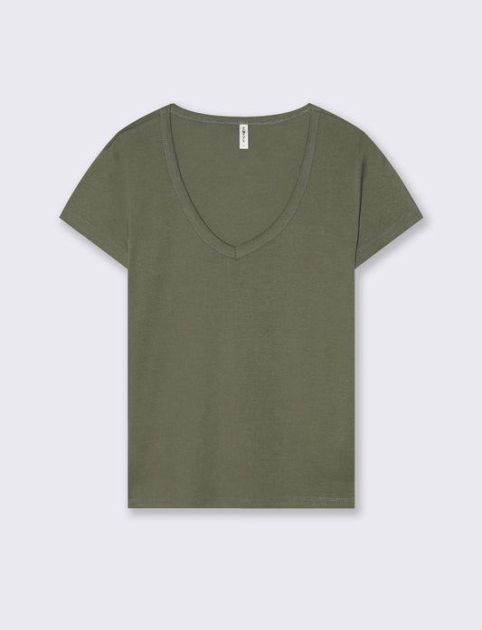 T-Shirt Basic Scollo a V e Coste - Verde salvia