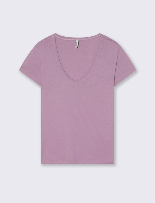 T-Shirt Basic Scollo a V e Coste - Viola glicine
