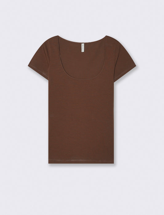 Basic T-Shirt with Square Neckline - Brown
