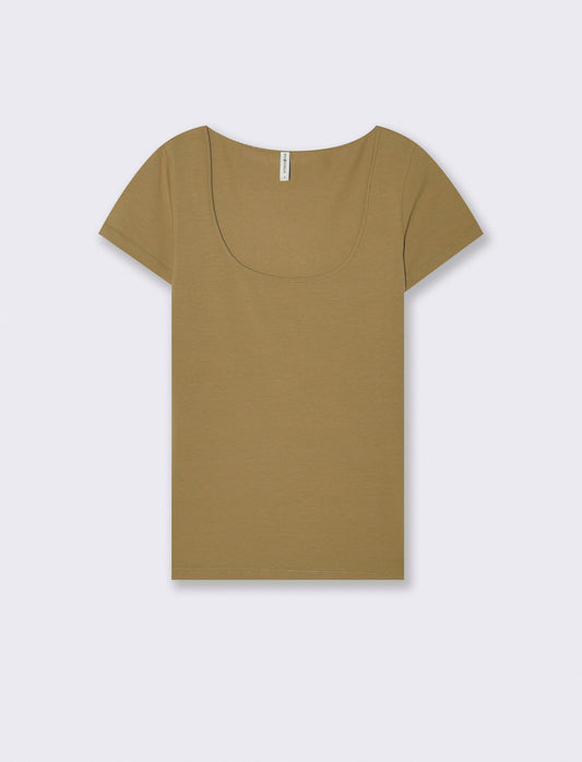 Basic T-Shirt with Square Neckline - Beige