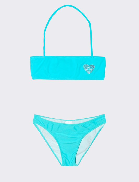 Bikini da bambina con decorazione in strass. - Blu