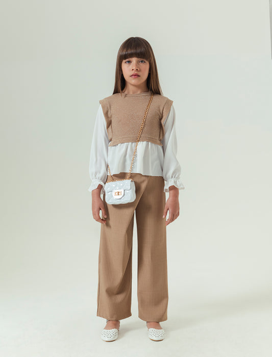 Pantaloni eleganti da bambina in tessuto gessato. - Beige