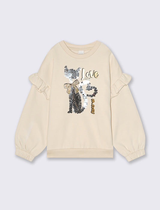 Felpa con stampa lucida e paillettes - Beige