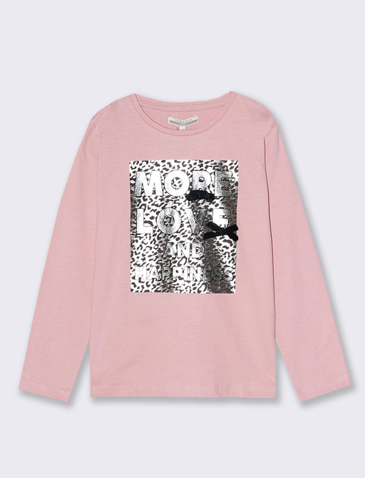 T-Shirt manica lunga in cotone dalla mano pesca con stampa e fiocchi applicati. - Rosa