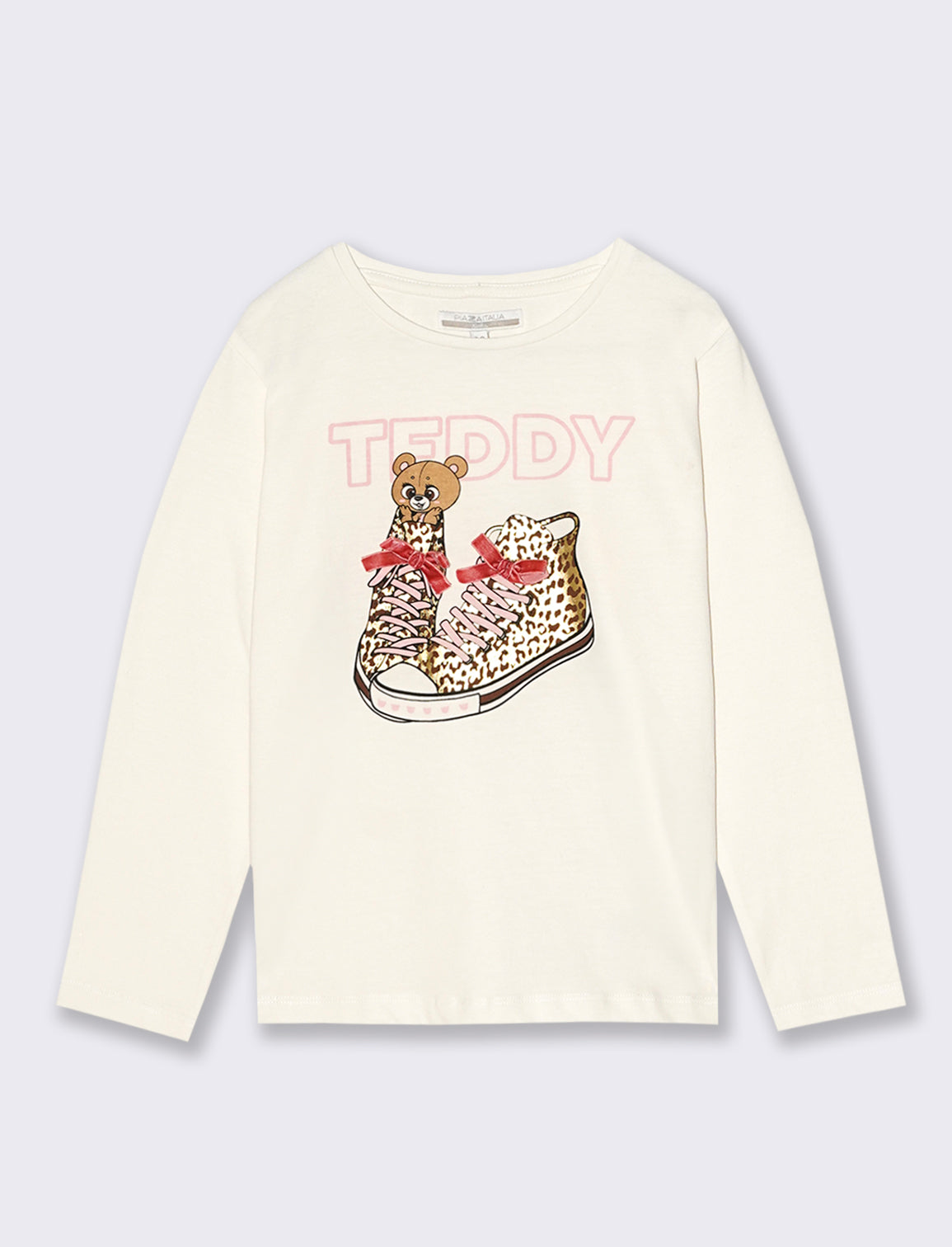 T-Shirt manica lunga in cotone dalla mano pesca con stampa e fiocchi applicati. - Bianco sporco