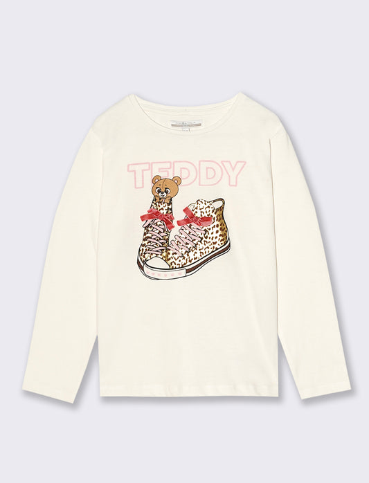 T-Shirt manica lunga in cotone dalla mano pesca con stampa e fiocchi applicati. - Bianco sporco