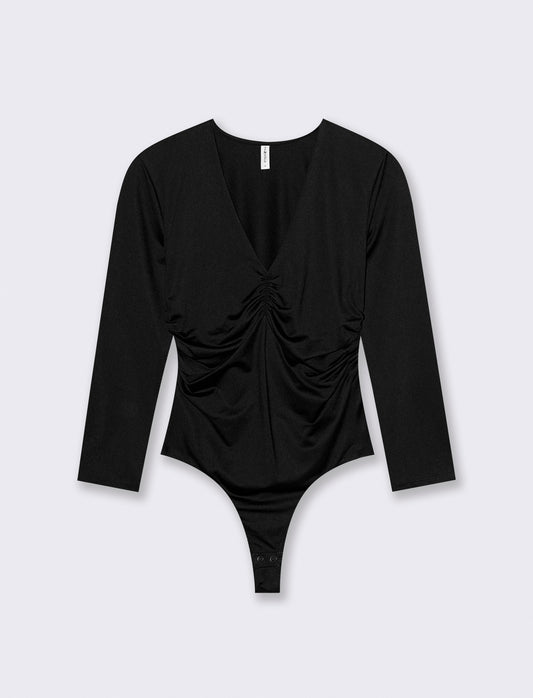 Body manica lunga scollo a V arricciato - Nero