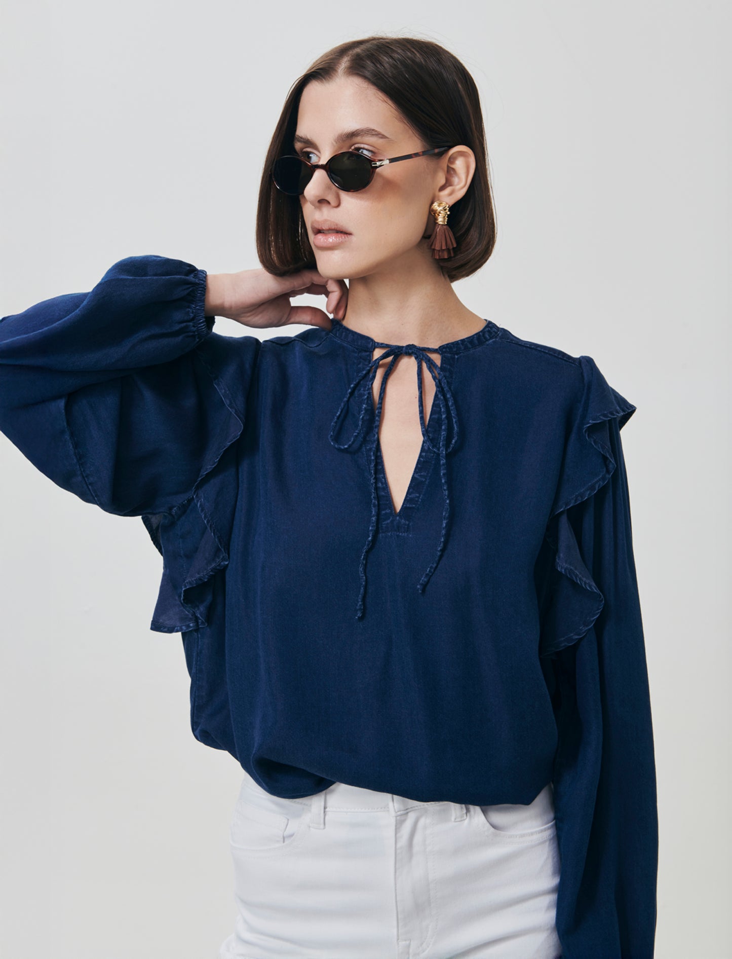 Blusa Manica Lunga con Scollo a V e Rouches - DENIM SCURO
