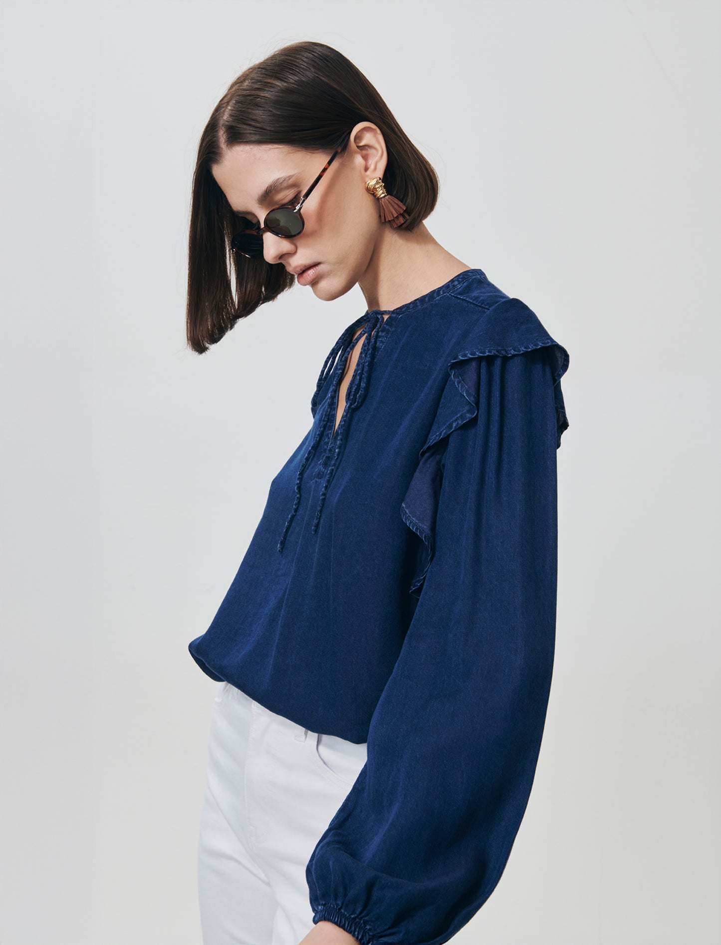 Blusa Manica Lunga con Scollo a V e Rouches - DENIM SCURO