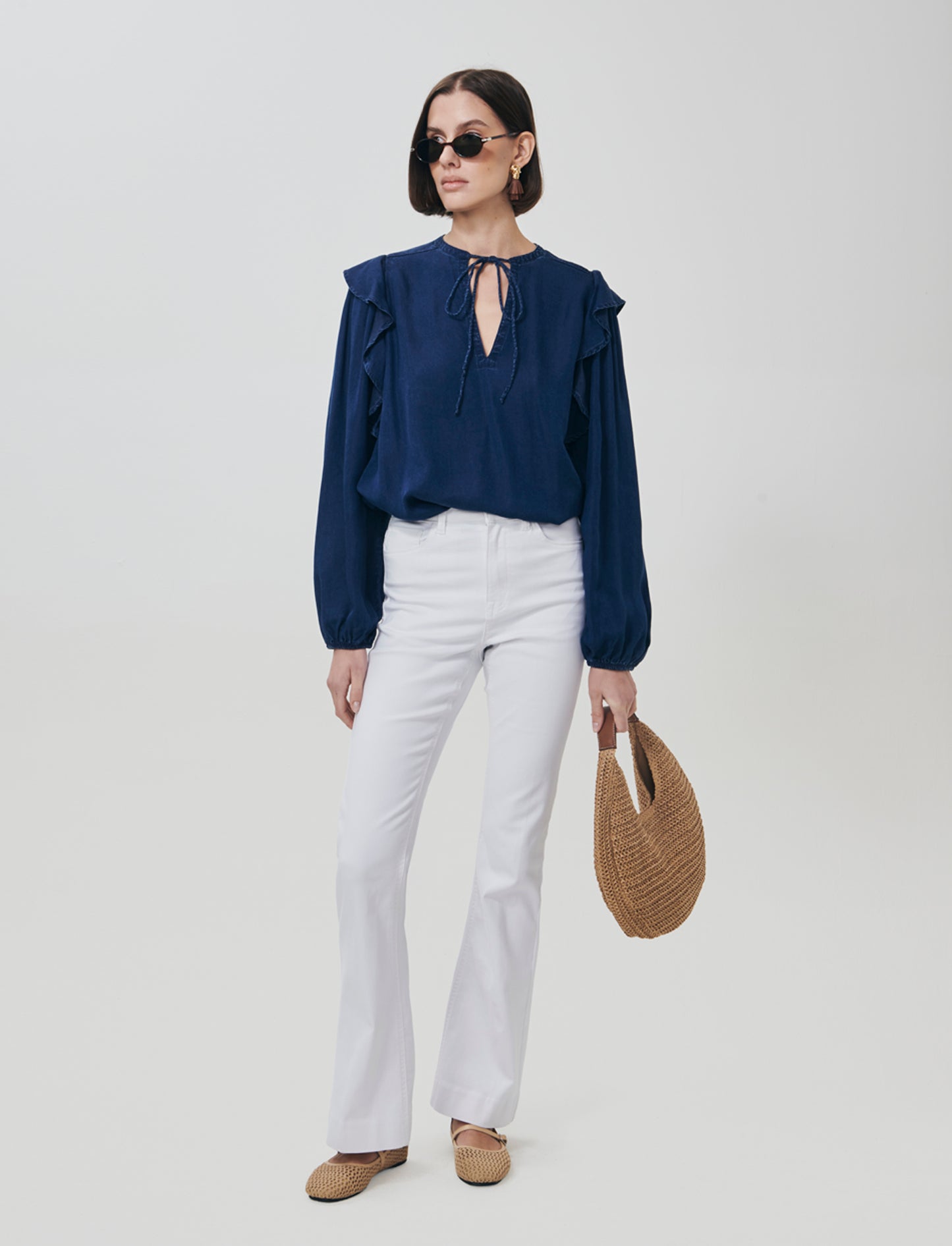 Blusa Manica Lunga con Scollo a V e Rouches - DENIM SCURO