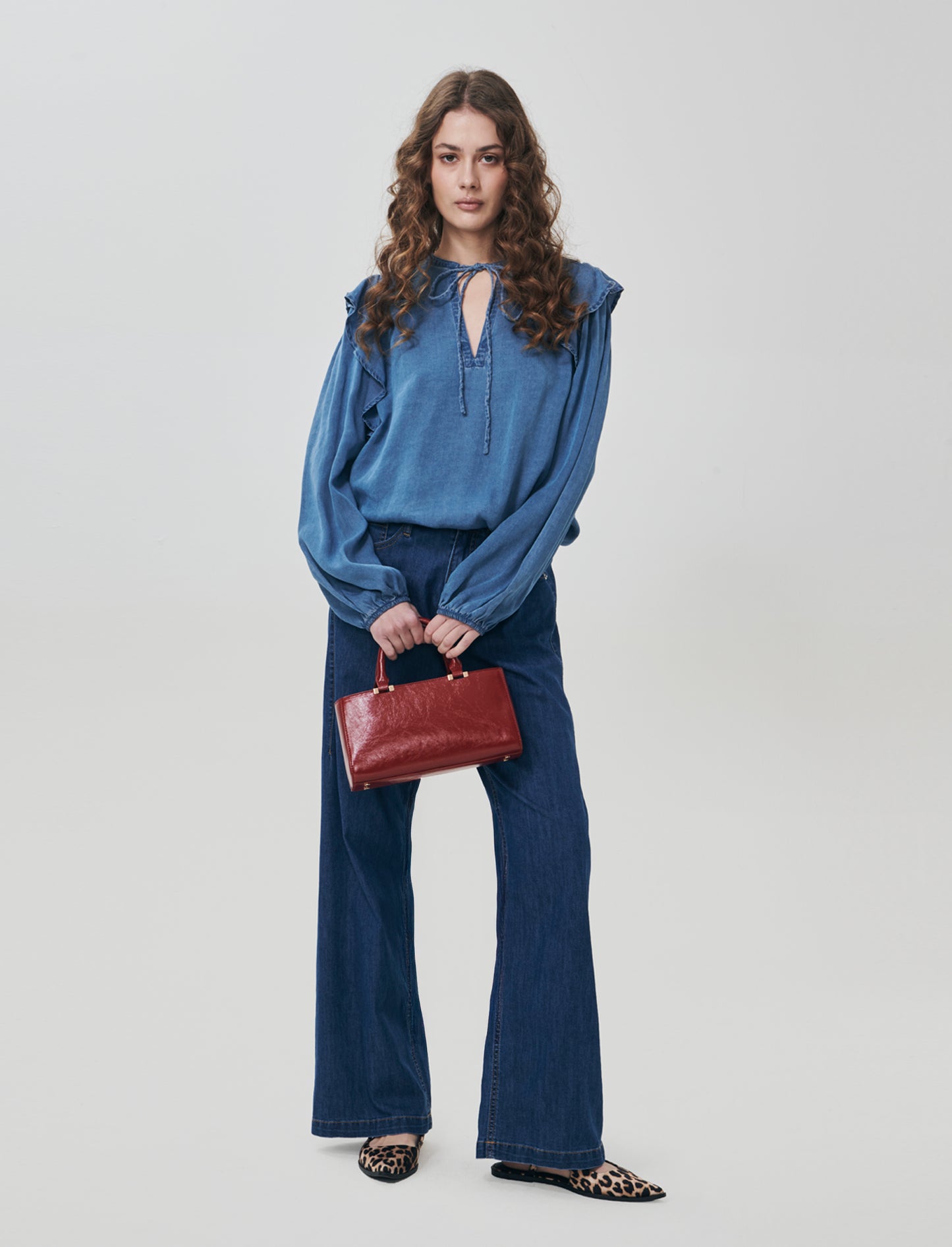 Blusa Manica Lunga con Scollo a V e Rouches - Denim