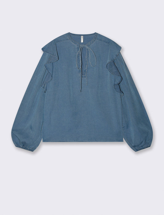 Blusa Manica Lunga con Scollo a V e Rouches - Denim