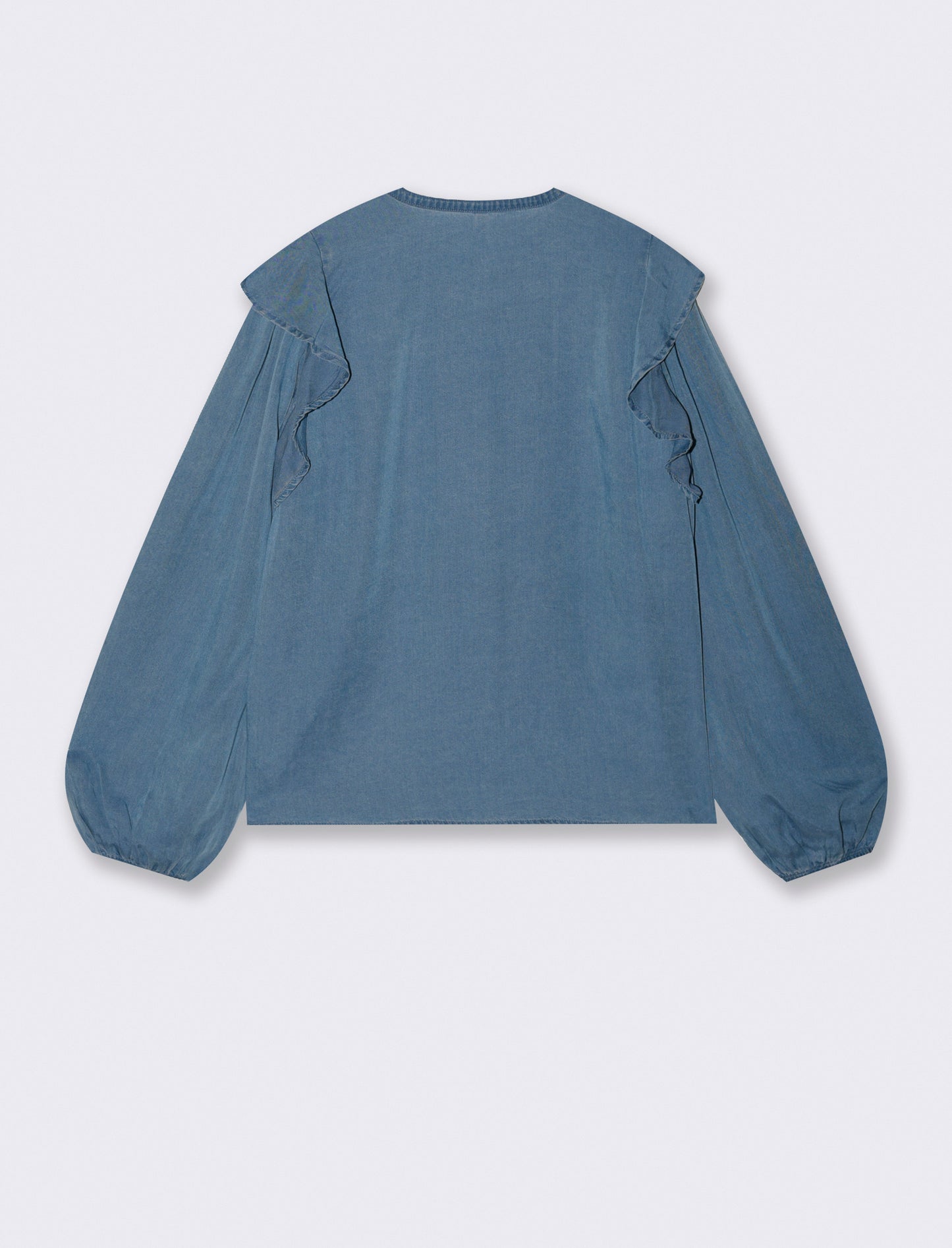 Blusa Manica Lunga con Scollo a V e Rouches - Denim