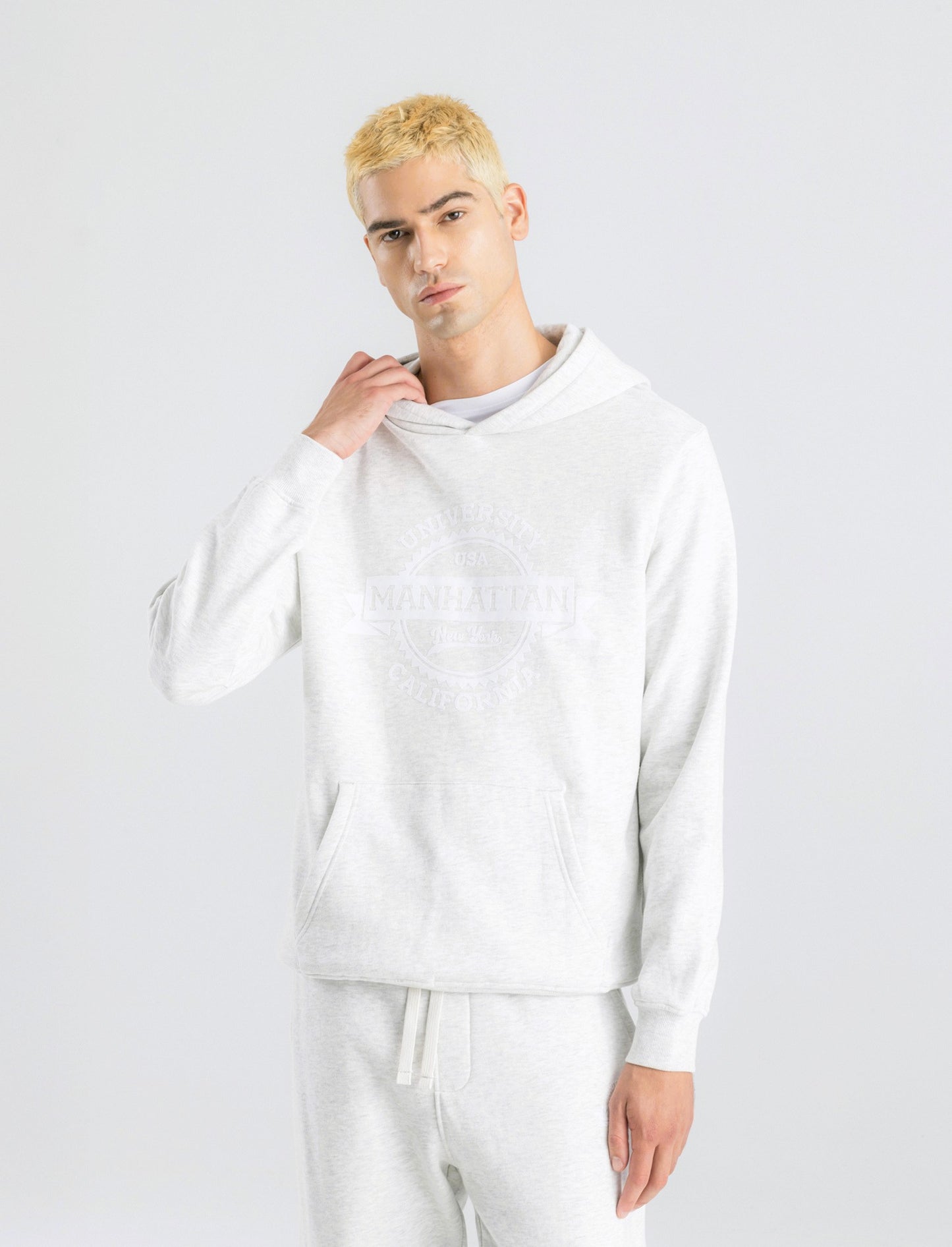 FELPA CON CAPPUCCIO CON STAMPA FLOCK - Grigio mel.