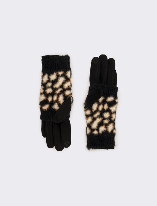 Guanto doppio unito con muffola leopardato donna - Nero