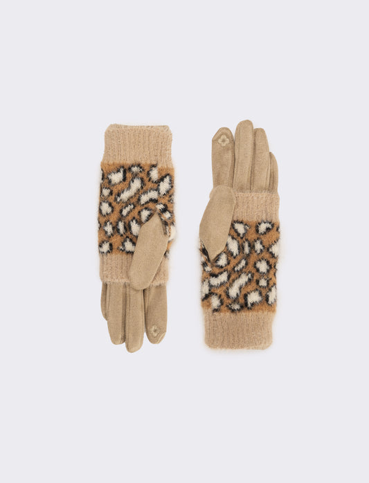 Guanto doppio unito con muffola leopardato donna - Beige