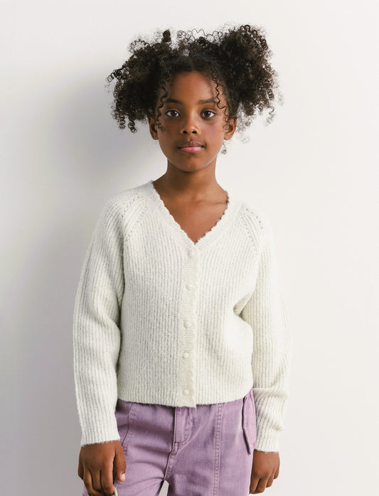 Cardigan manica raglan in morbida maglieria con filato metallizzato. - Bianco sporco