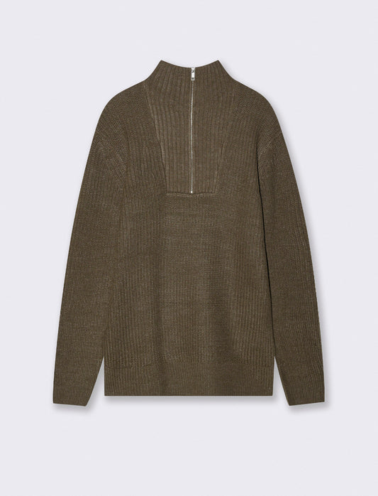 MAGLIA CON COLLO A CERNIERA E TEXTURE - Grigio fango
