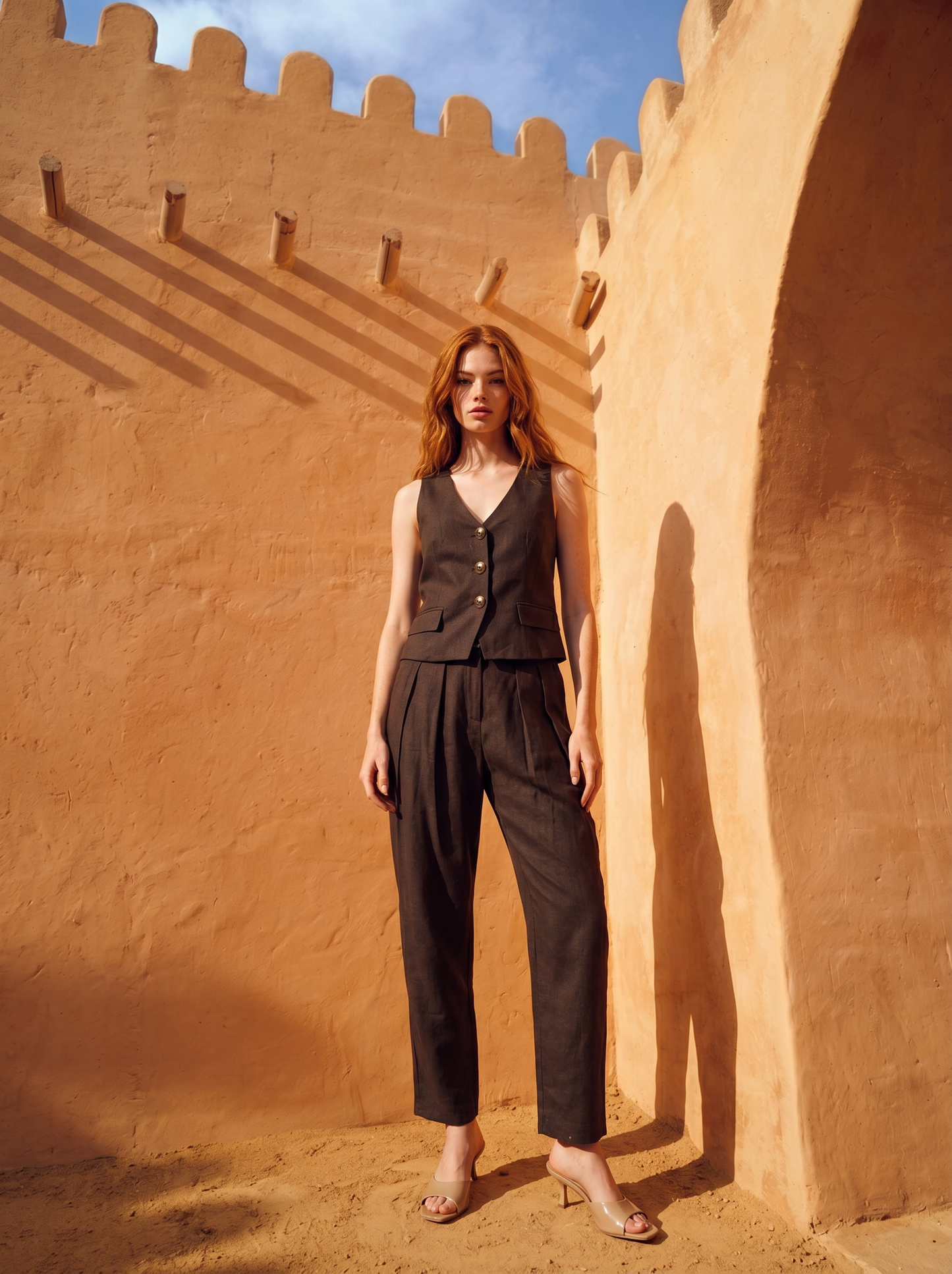 Pantaloni in lino con bottoni e pinches - Caffe'