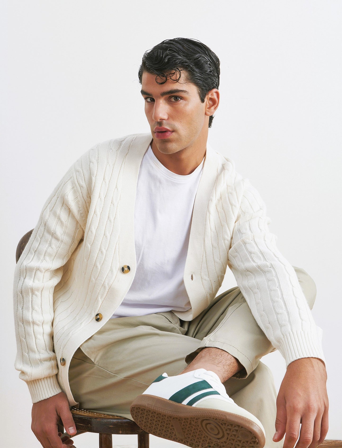 MAGLIA CARDIGAN A TRECCE: - Beige ecru