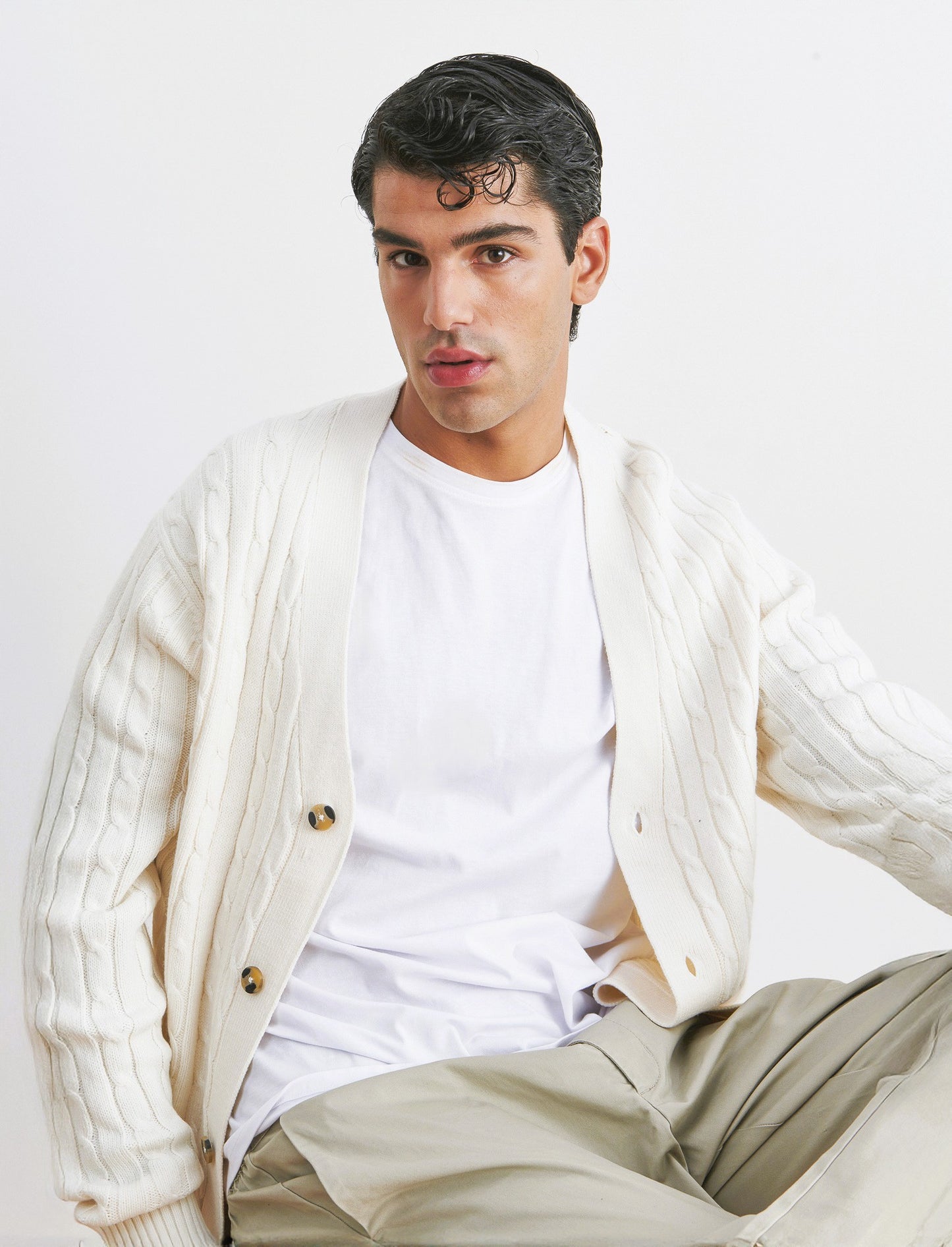 MAGLIA CARDIGAN A TRECCE: - Beige ecru
