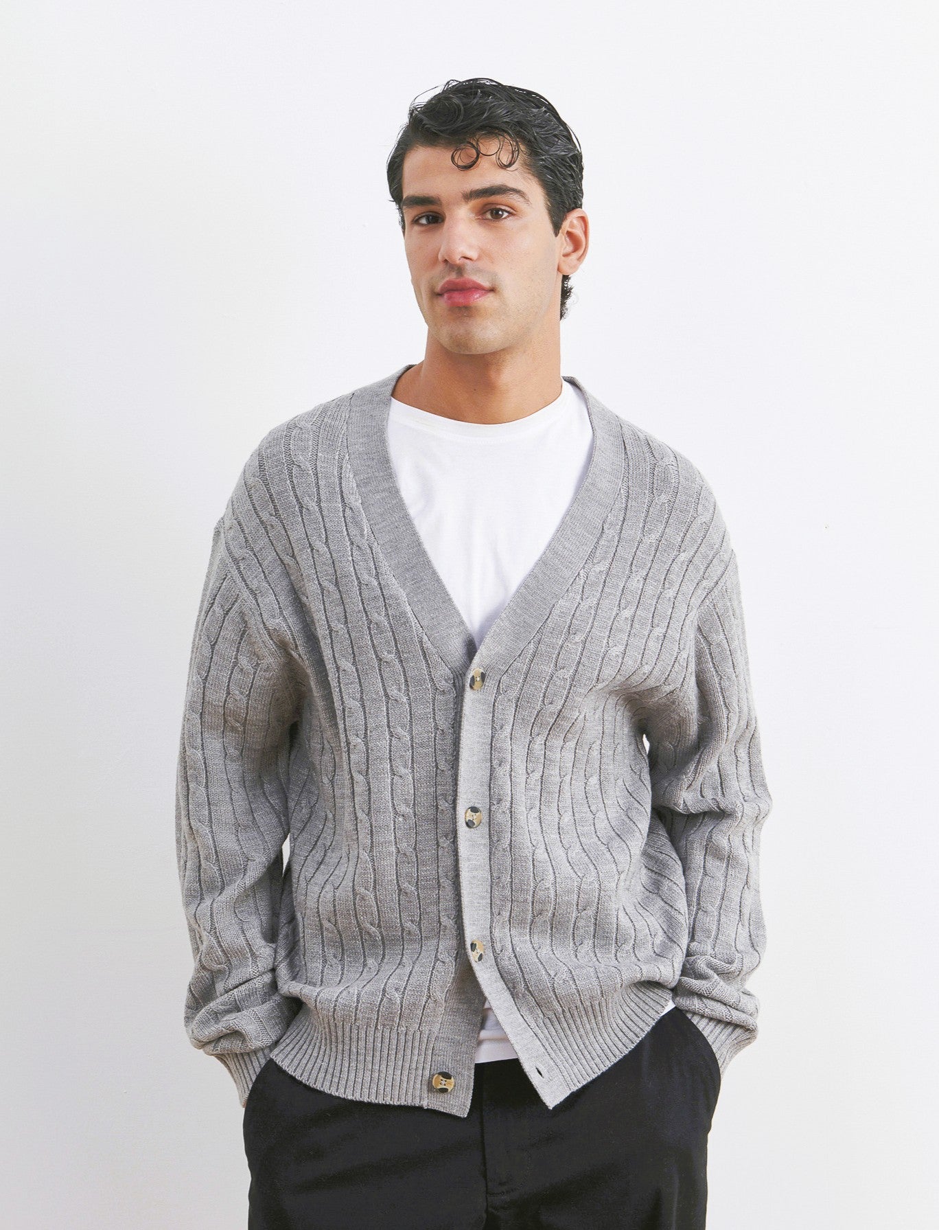 MAGLIA CARDIGAN A TRECCE: - Grigio mel.