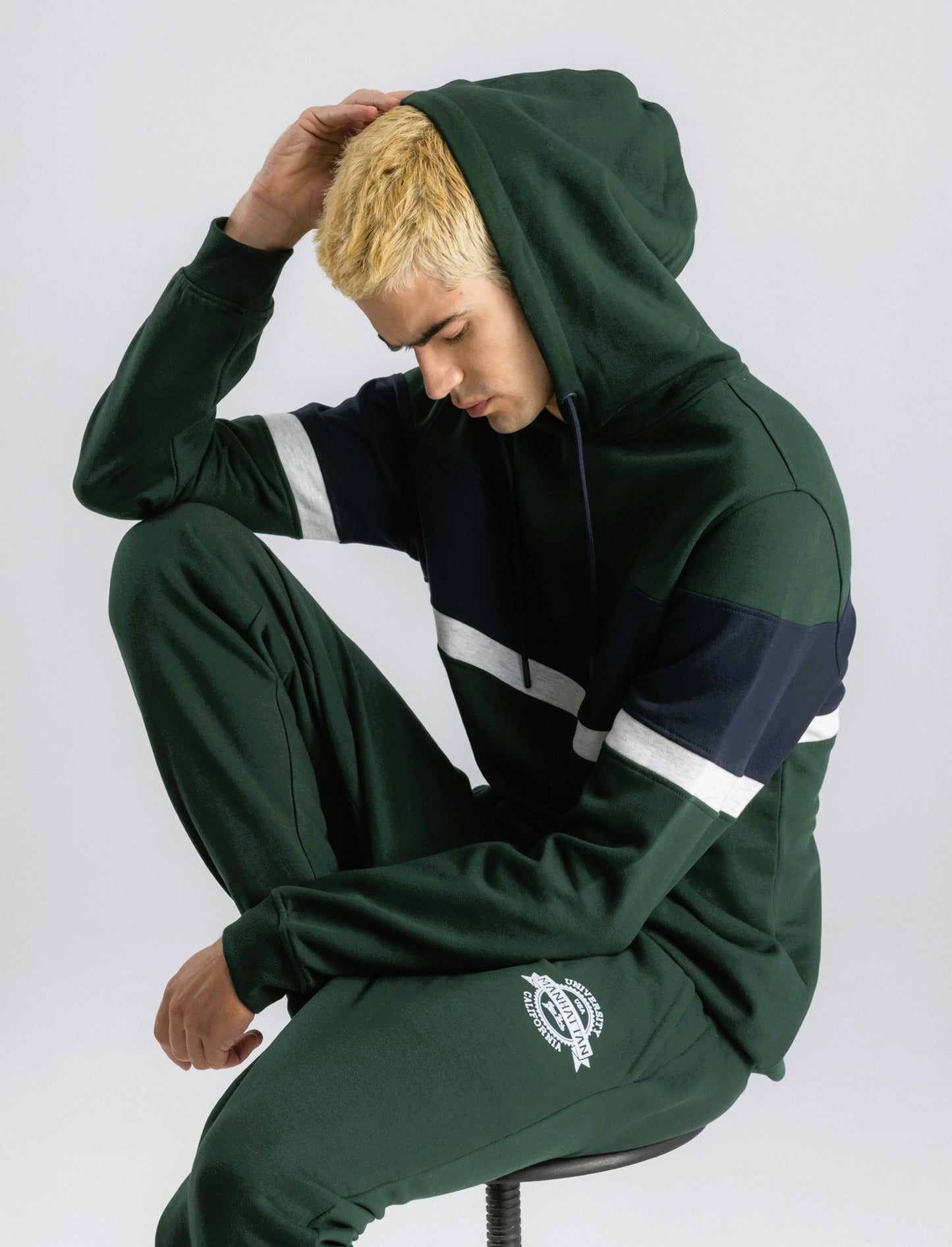 FELPA CON CAPPUCCIO FASCIA CONTRASTO - Verde scuro